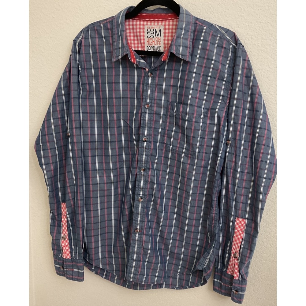 Probase‎ Mens Slim Fit Plaid Button Down Shirt Blue Red Long Sleeve Size Medium